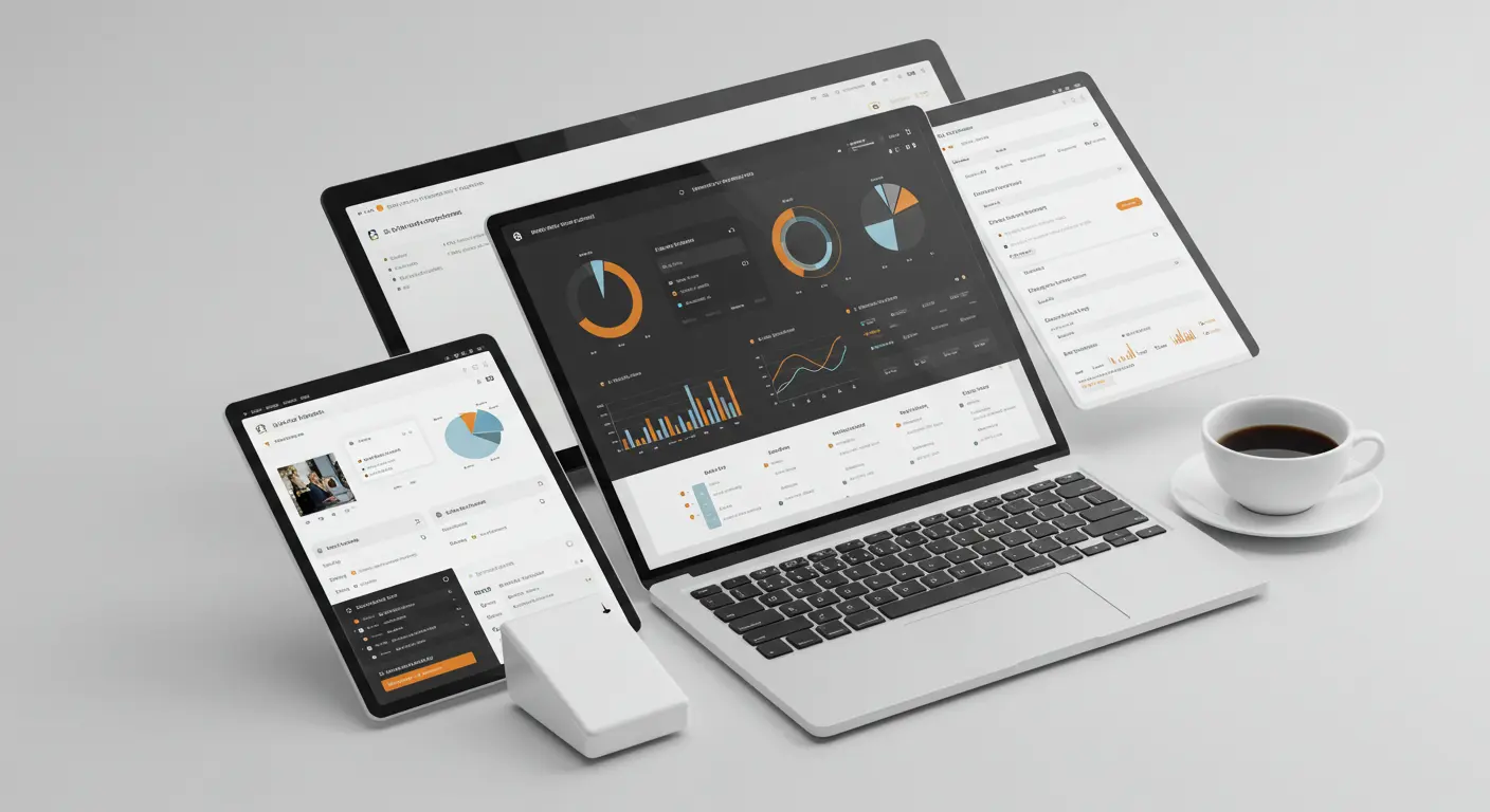 Mobile app development showing iOS and Android apps on smartphones and tablets