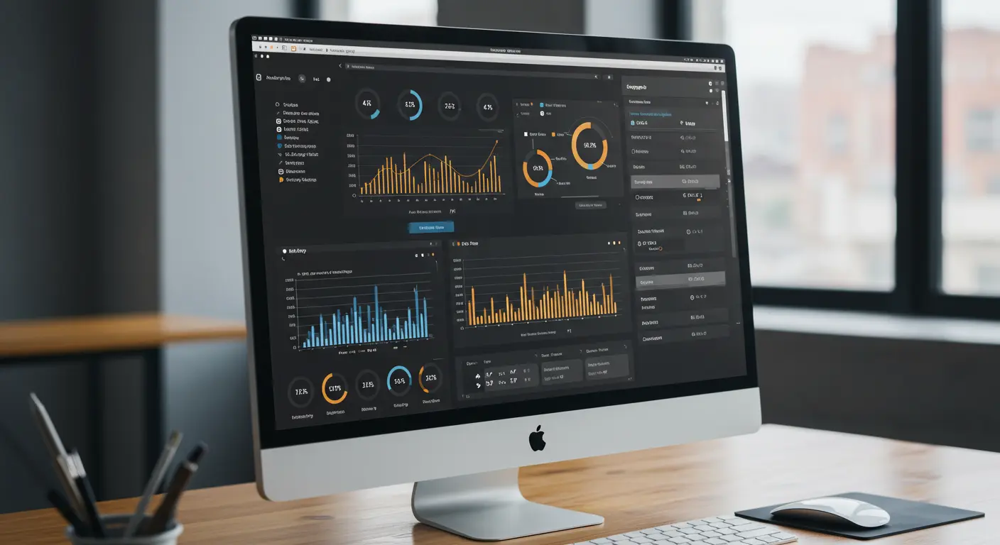 Web developer coding a custom web application on dual monitors with modern framework